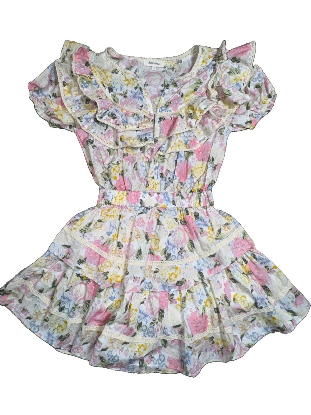 Ultramarine Floral Ruffle Tiered Mini Dress M Cotton Puff Sleeve Cottagecore